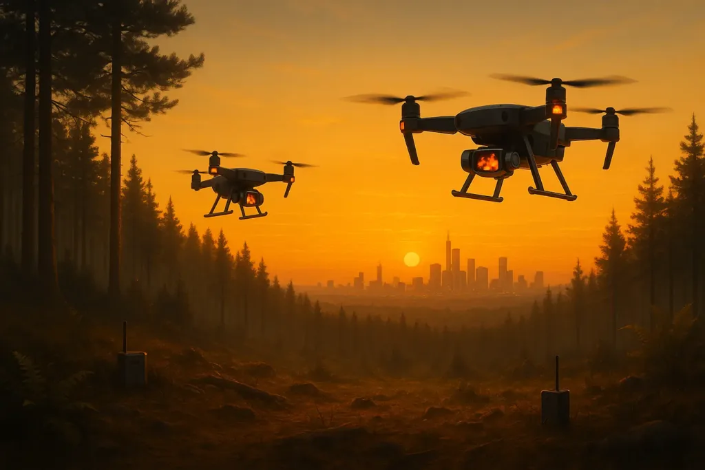 Dois drones equipados com câmeras térmicas sobrevoam um bosque ao entardecer, enquanto sensores no solo monitoram o ambiente. Ao fundo, uma cidade moderna brilha com luzes douradas e alaranjadas, simbolizando o equilíbrio entre natureza, tecnologia e prevenção inteligente.