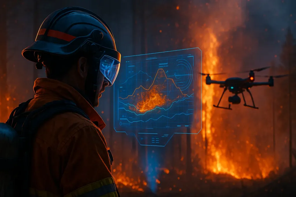 IA en la lucha contra incendios: un bombero con casco inteligente analiza datos holográficos mientras un dron vigila un incendio forestal, mostrando cómo la tecnología potencia la prevención y respuesta al fuego.