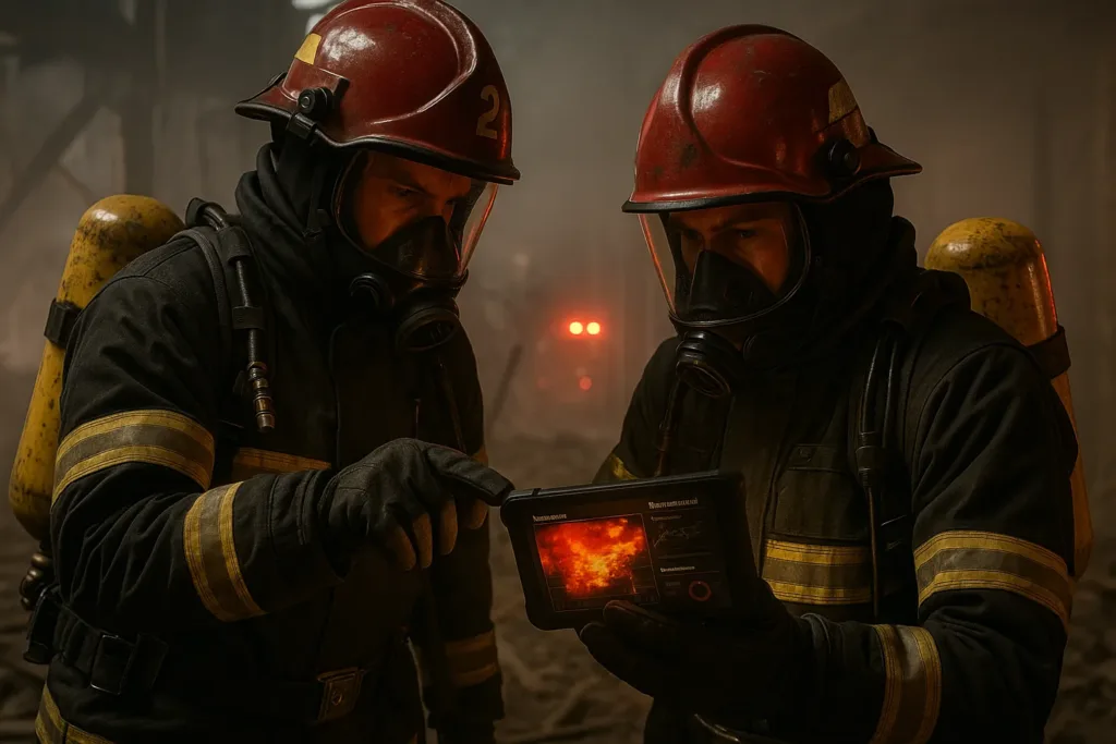 "Bombeiros usando IA dentro de um edifício com fumaça, analisando mapas térmicos e previsões de risco em um dispositivo portátil."