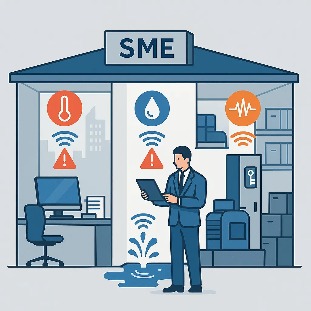 Ilustración de una PYME equipada con sensores IoT para prevención, detectando fugas, temperatura, vibración y accesos no autorizados en tiempo real